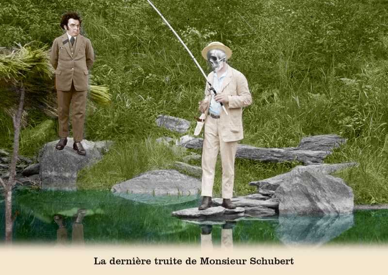 Les belles cartes postales de Bébert Plonk & Replonk – Collection «L’Univers à l’envers» – La dernière truite de Monsieur Schubert.
